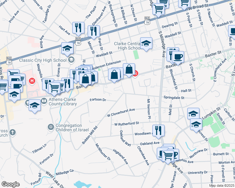 map of restaurants, bars, coffee shops, grocery stores, and more near 414 Springdale Street in Athens