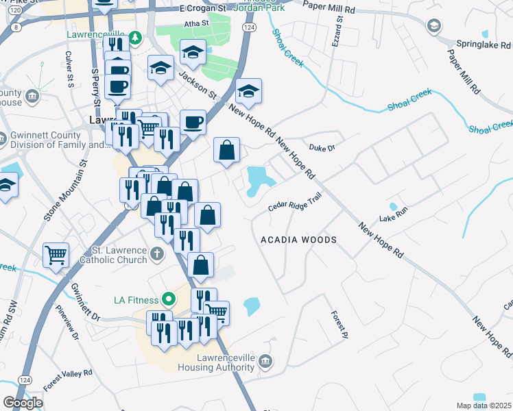 map of restaurants, bars, coffee shops, grocery stores, and more near 102 Sandalwood Circle in Lawrenceville