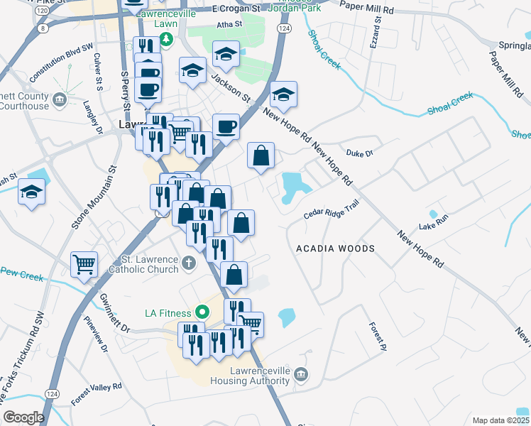 map of restaurants, bars, coffee shops, grocery stores, and more near 150 Applewood Drive in Lawrenceville