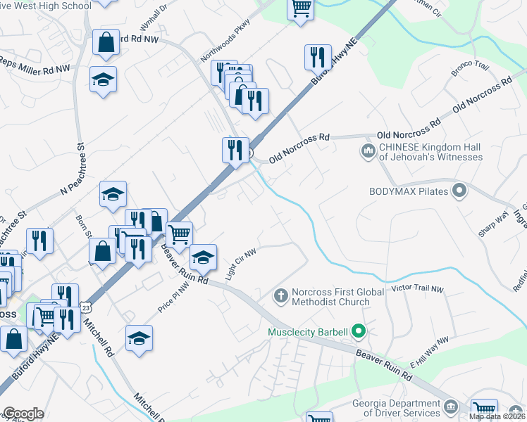 map of restaurants, bars, coffee shops, grocery stores, and more near 2648 Green Valley Drive Northwest in Norcross