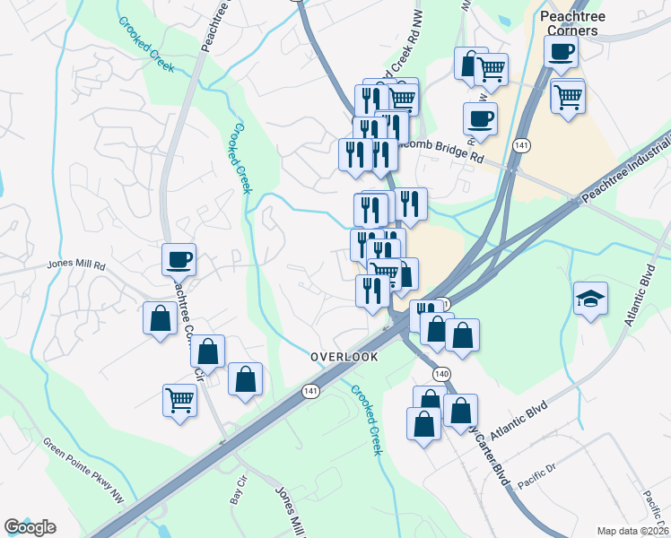 map of restaurants, bars, coffee shops, grocery stores, and more near 3264 Hidden Cove Circle Northwest in Norcross