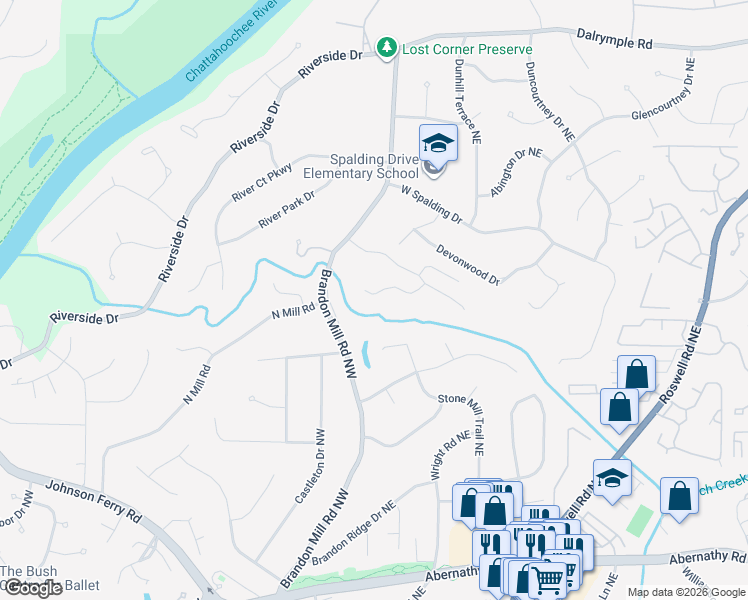 map of restaurants, bars, coffee shops, grocery stores, and more near 130 Hidden Falls Lane Northwest in Atlanta