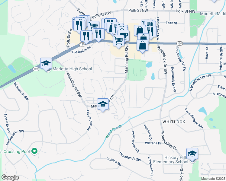 map of restaurants, bars, coffee shops, grocery stores, and more near 260 Manning Road Southwest in Marietta