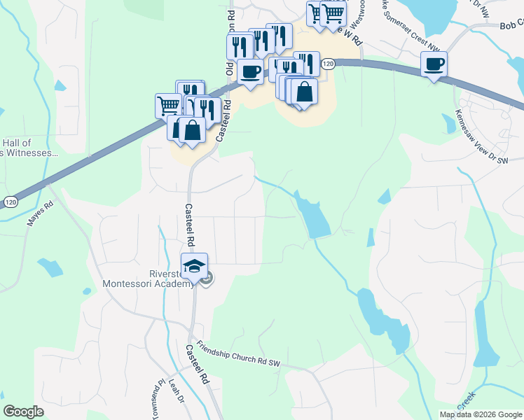 map of restaurants, bars, coffee shops, grocery stores, and more near 3702 Cambridge Drive Southwest in Marietta