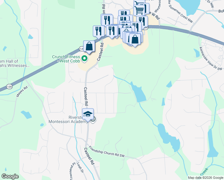 map of restaurants, bars, coffee shops, grocery stores, and more near 3702 Cambridge Drive Southwest in Marietta