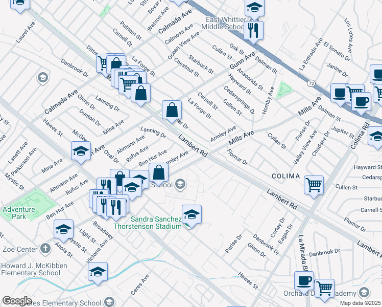 map of restaurants, bars, coffee shops, grocery stores, and more near 9612 Armley Avenue in Whittier