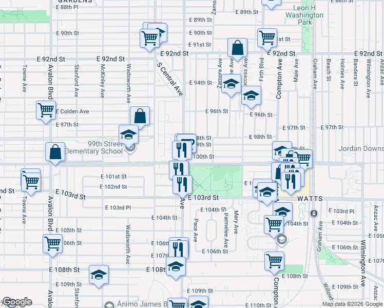 map of restaurants, bars, coffee shops, grocery stores, and more near 1217 East 100th Street in Los Angeles