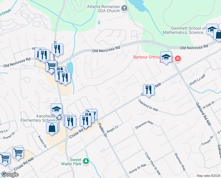 map of restaurants, bars, coffee shops, grocery stores, and more near 2173 Newbury Oaks Drive in Lawrenceville