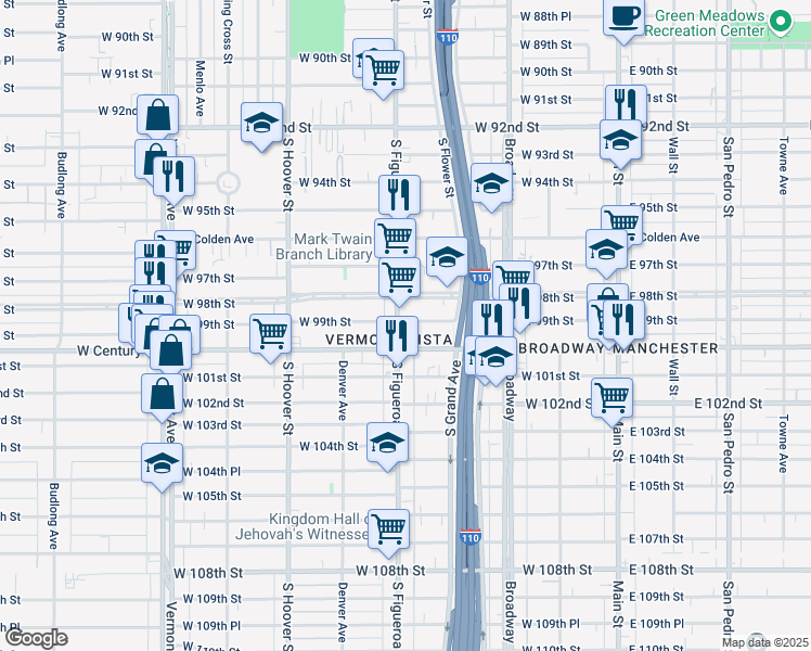 map of restaurants, bars, coffee shops, grocery stores, and more near 9900 South Figueroa Street in Los Angeles
