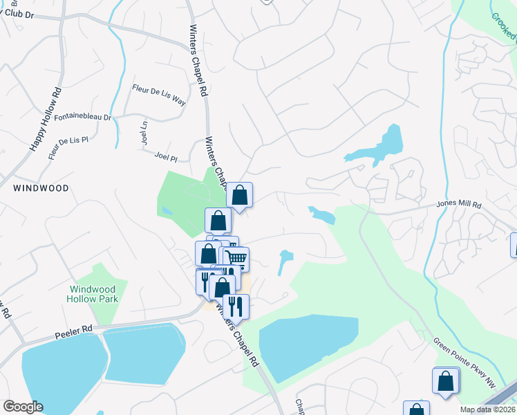 map of restaurants, bars, coffee shops, grocery stores, and more near 2899 Jones Mill Road in Atlanta