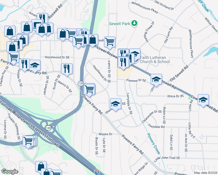 map of restaurants, bars, coffee shops, grocery stores, and more near 206 Yancy Drive Southeast in Marietta