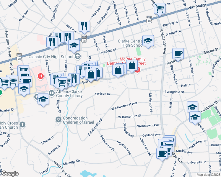 map of restaurants, bars, coffee shops, grocery stores, and more near 1055 Baxter Street in Athens