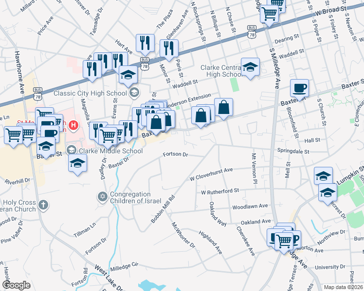 map of restaurants, bars, coffee shops, grocery stores, and more near 1055 Baxter Street in Athens