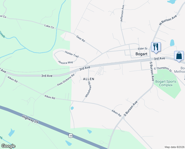 map of restaurants, bars, coffee shops, grocery stores, and more near 1811 Atlanta Highway in Bogart