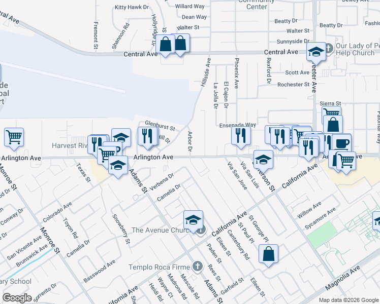 map of restaurants, bars, coffee shops, grocery stores, and more near Arbor Drive in Riverside