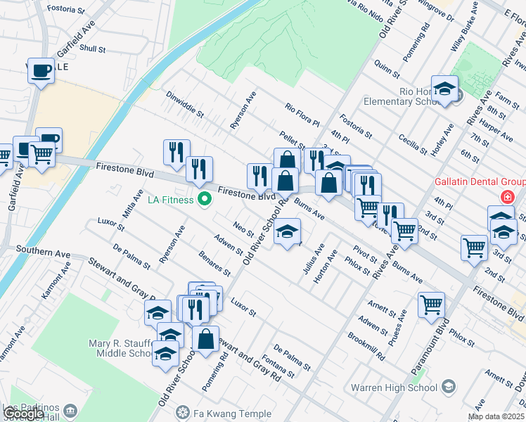 map of restaurants, bars, coffee shops, grocery stores, and more near 7320 Firestone Boulevard in Downey