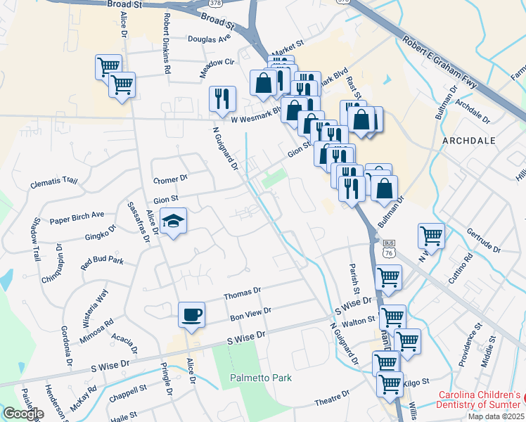 map of restaurants, bars, coffee shops, grocery stores, and more near 1117 North Guignard Drive in Sumter