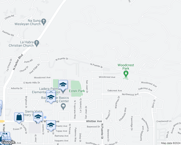 map of restaurants, bars, coffee shops, grocery stores, and more near 18242 Midbury Street in Brea