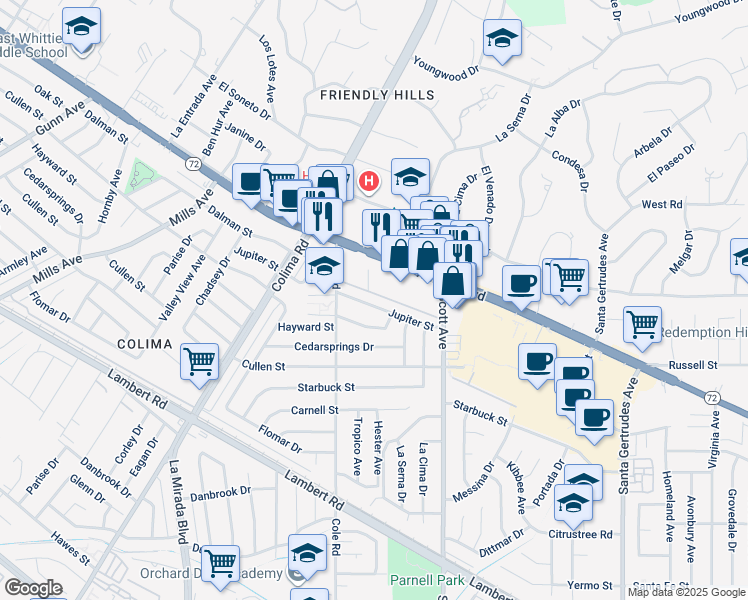 map of restaurants, bars, coffee shops, grocery stores, and more near 15259 Jupiter Street in Whittier
