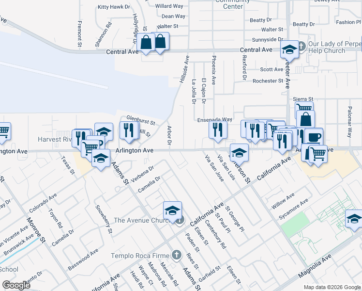map of restaurants, bars, coffee shops, grocery stores, and more near 6985 Malibu Drive in Riverside