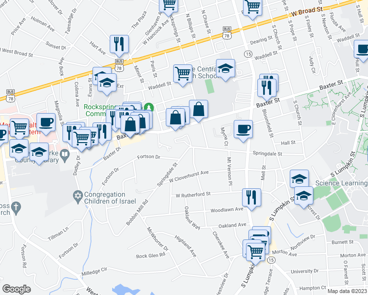 map of restaurants, bars, coffee shops, grocery stores, and more near 420 Springdale Street in Athens