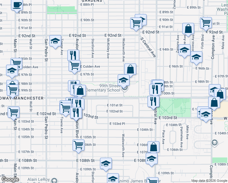 map of restaurants, bars, coffee shops, grocery stores, and more near 820 East 99th Street in Los Angeles