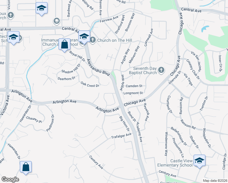 map of restaurants, bars, coffee shops, grocery stores, and more near 2147 Falcon Crest Drive in Riverside