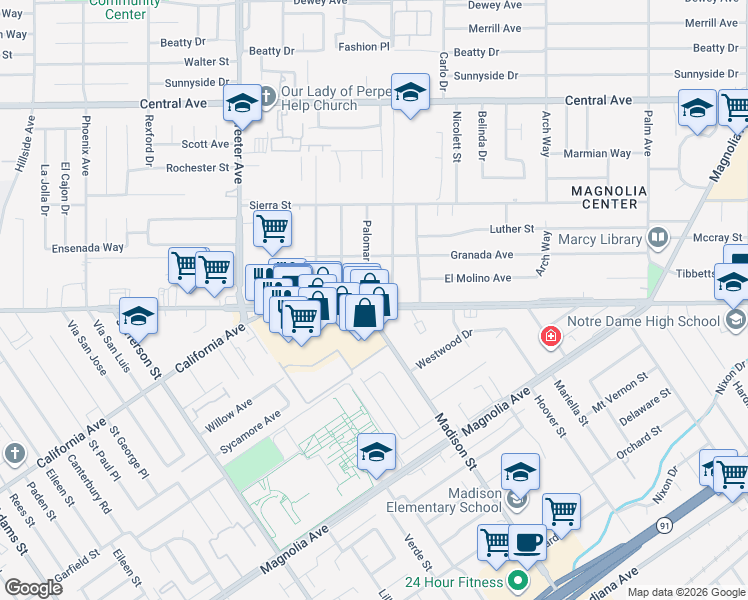 map of restaurants, bars, coffee shops, grocery stores, and more near 6975 Coronado Way in Riverside