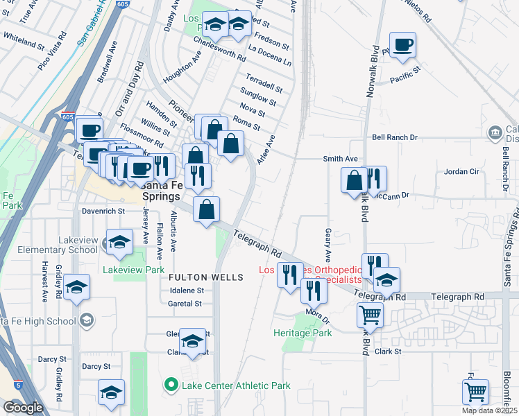 map of restaurants, bars, coffee shops, grocery stores, and more near 10002 Pioneer Boulevard in Santa Fe Springs