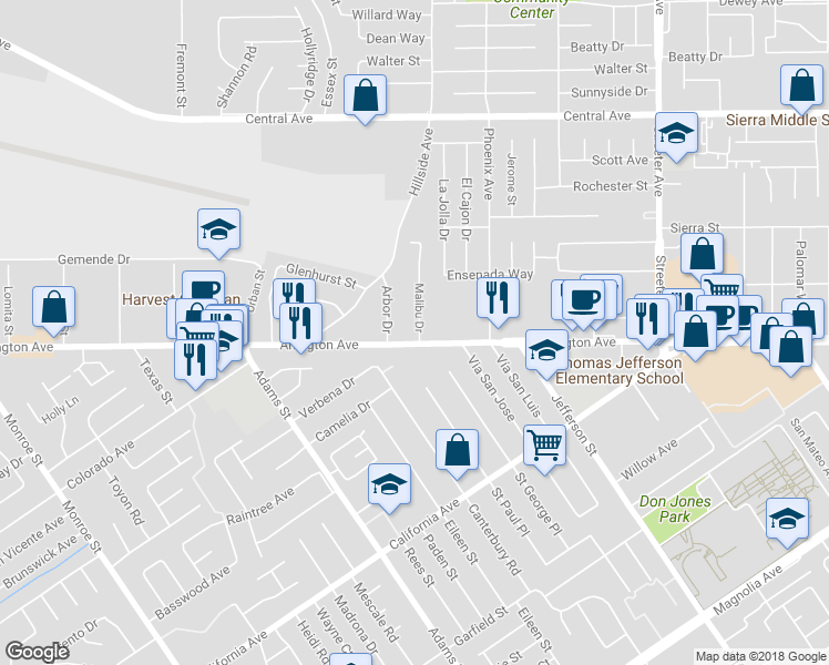map of restaurants, bars, coffee shops, grocery stores, and more near 6985 Malibu Drive in Riverside