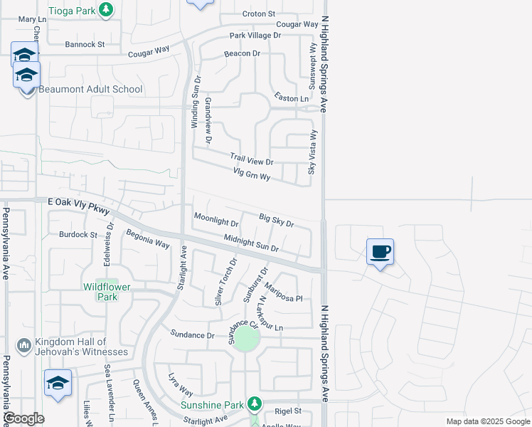map of restaurants, bars, coffee shops, grocery stores, and more near 1564 Big Sky Drive in Beaumont