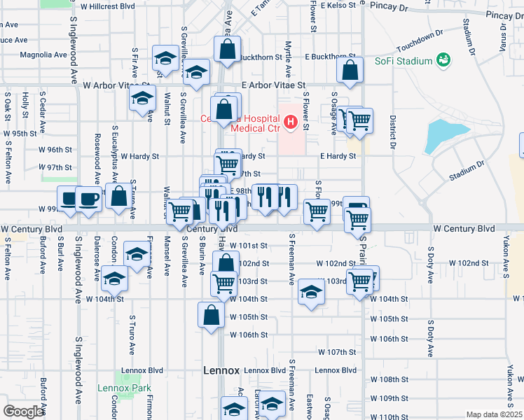 map of restaurants, bars, coffee shops, grocery stores, and more near 426 East 99th Street in Inglewood
