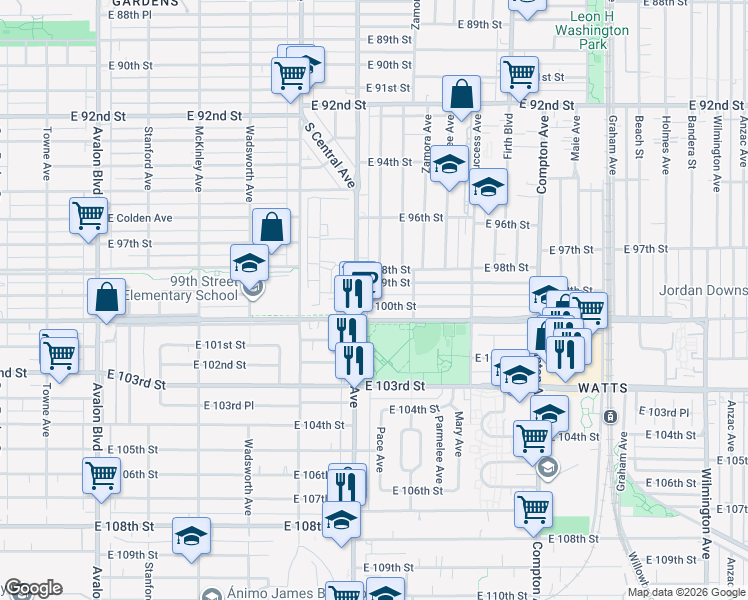 map of restaurants, bars, coffee shops, grocery stores, and more near 1217 East 100th Street in Los Angeles