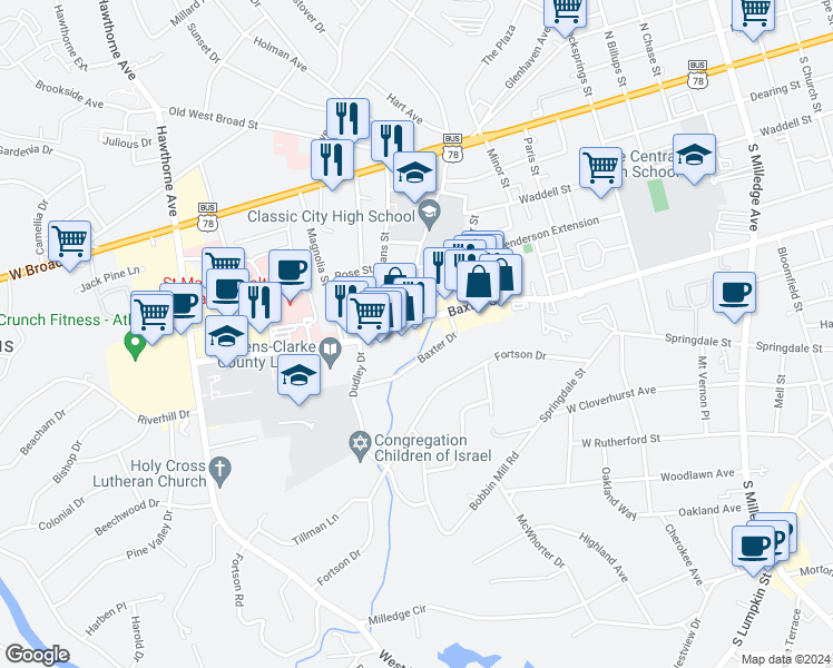 map of restaurants, bars, coffee shops, grocery stores, and more near 1075 Baxter Street in Athens