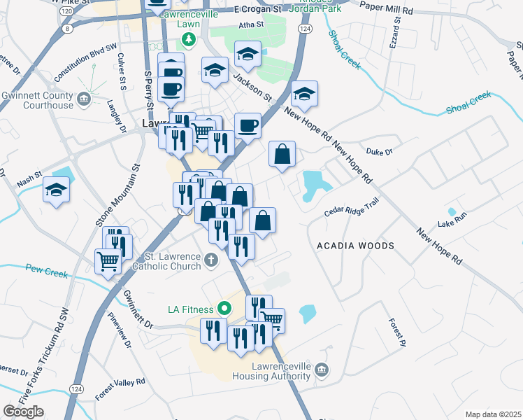 map of restaurants, bars, coffee shops, grocery stores, and more near 150 Applewood Drive in Lawrenceville