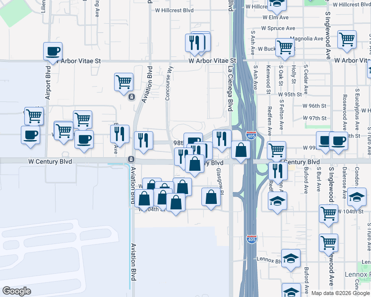 map of restaurants, bars, coffee shops, grocery stores, and more near 5317 West 99th Place in Los Angeles