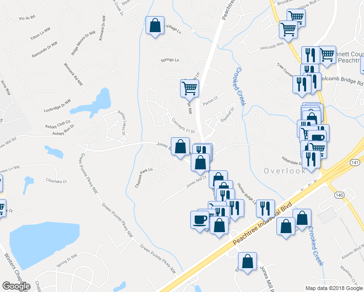 map of restaurants, bars, coffee shops, grocery stores, and more near 3413 September Morn in Norcross