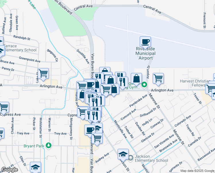 map of restaurants, bars, coffee shops, grocery stores, and more near 7201 Arlington Avenue in Riverside