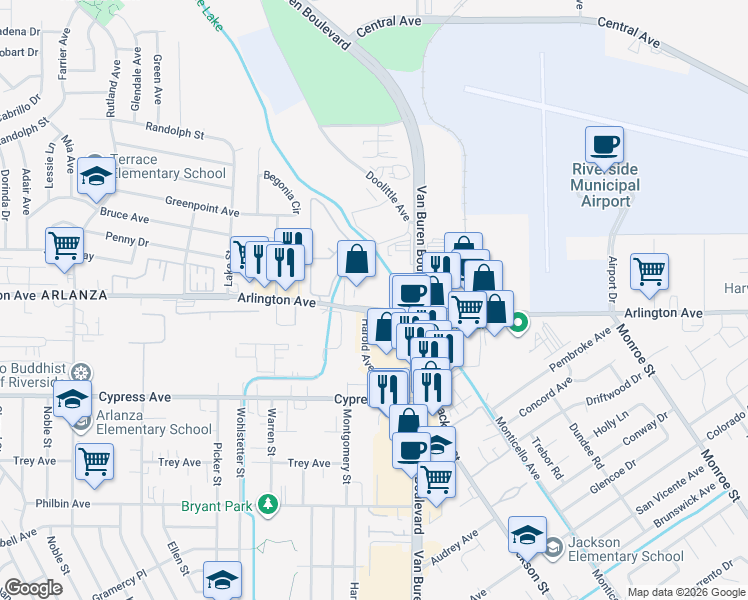 map of restaurants, bars, coffee shops, grocery stores, and more near 7509 Arlington Avenue in Riverside