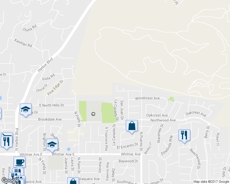 map of restaurants, bars, coffee shops, grocery stores, and more near 5635 Alwick Place in Brea