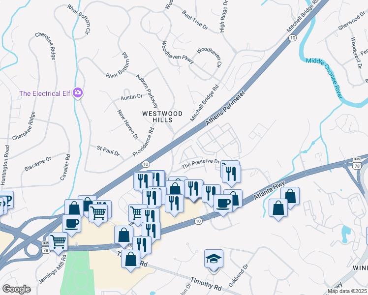 map of restaurants, bars, coffee shops, grocery stores, and more near 155 The Preserve Drive in Athens