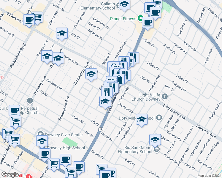 map of restaurants, bars, coffee shops, grocery stores, and more near 10308 Tristan Drive in Downey