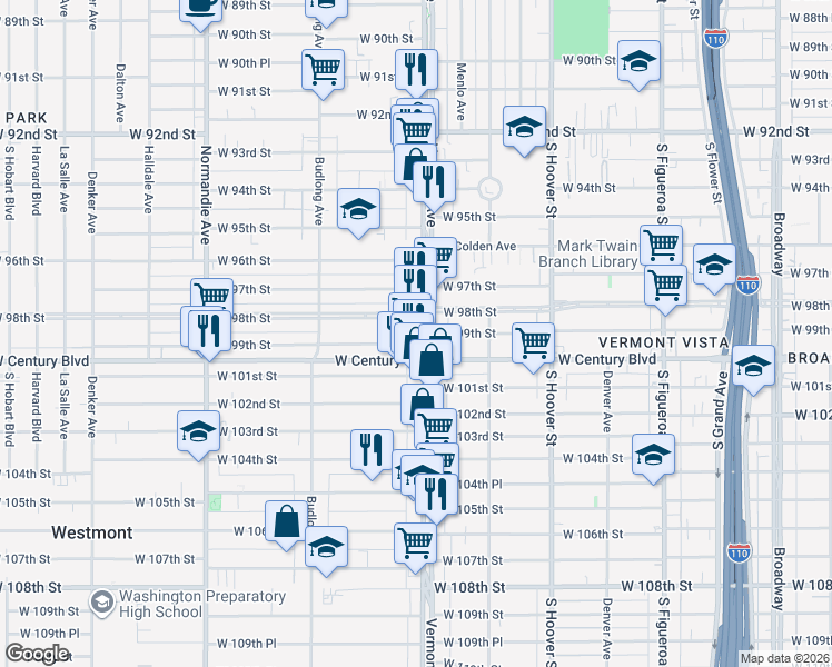 map of restaurants, bars, coffee shops, grocery stores, and more near 9815 South Vermont Avenue in Los Angeles