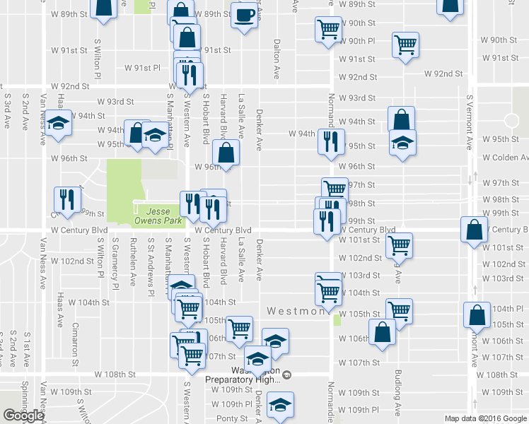 map of restaurants, bars, coffee shops, grocery stores, and more near 9812 South Denker Avenue in Los Angeles