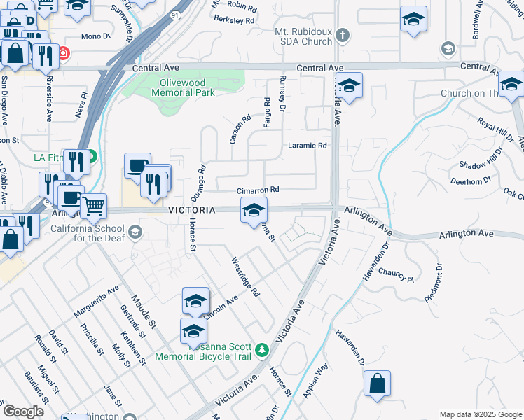 map of restaurants, bars, coffee shops, grocery stores, and more near 2910 Arlington Avenue in Riverside