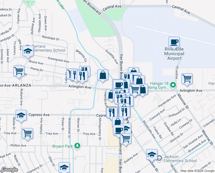 map of restaurants, bars, coffee shops, grocery stores, and more near 7509 Arlington Avenue in Riverside