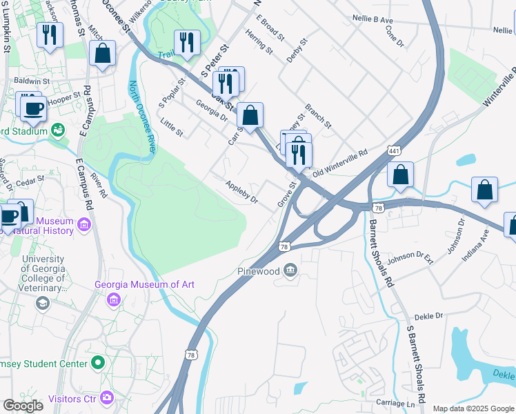 map of restaurants, bars, coffee shops, grocery stores, and more near 155 Appleby Drive in Athens