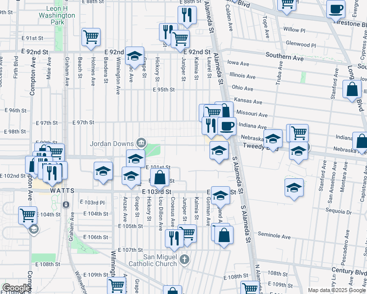 map of restaurants, bars, coffee shops, grocery stores, and more near 2186 East Century Boulevard in Los Angeles