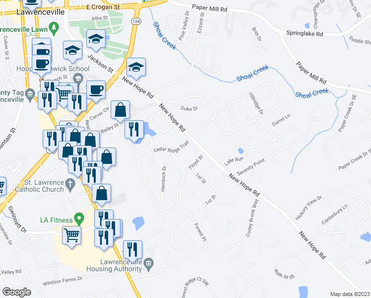 map of restaurants, bars, coffee shops, grocery stores, and more near 20 Cedar Ridge Trail in Lawrenceville
