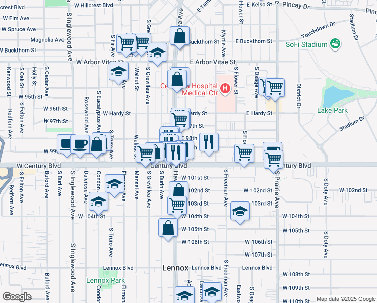 map of restaurants, bars, coffee shops, grocery stores, and more near 322 East 99th Street in Inglewood